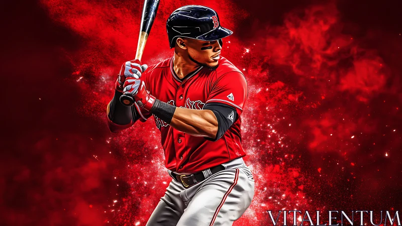 Baseball batter portrait in red digital sports artwork.