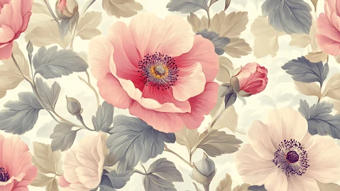 Layered Botanical Pattern with Pink and Cream Flowers Against Neutral Background