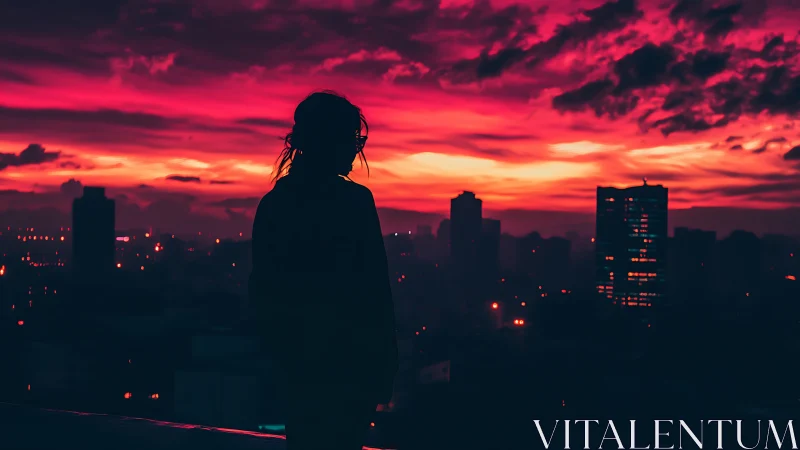 Silhouetted figure contemplates a neon crimson city sunset.