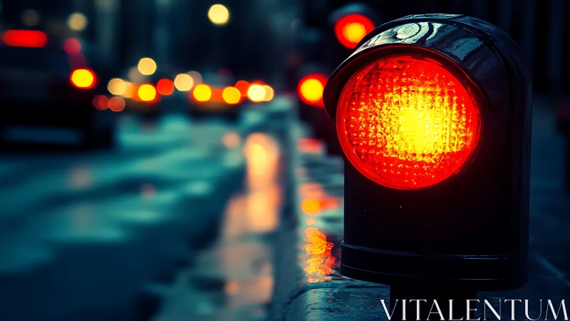 Urban red signal lamp with night traffic bokeh glow.