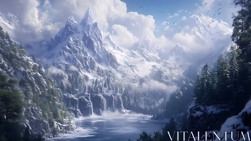 Hidden winter castle cradled by towering misty peaks.