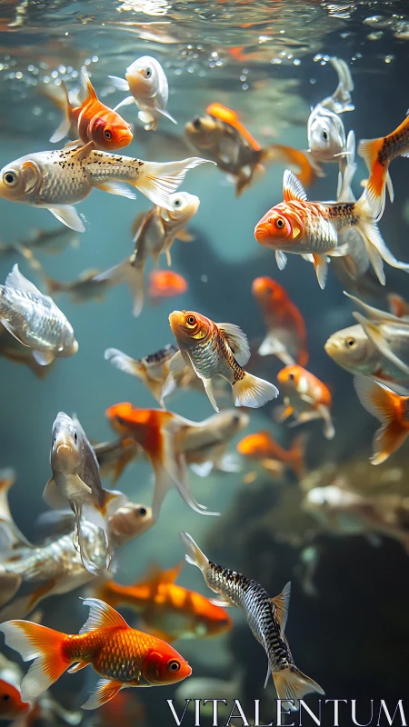 Colorful koi fish school glides through softly lit aquarium water