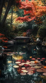 Autumn koi pond reflects layered foliage in cinematic detail