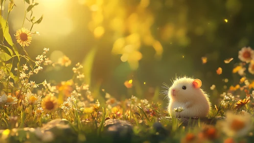 Small white rodent in sunlit meadow with wildflowers.