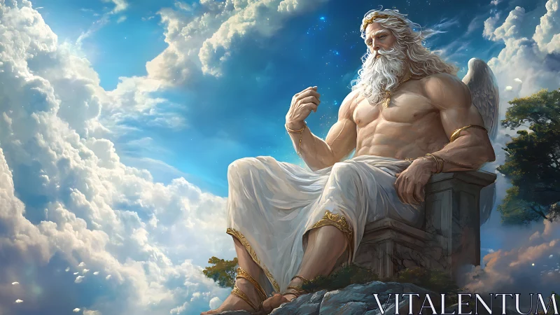 Skyfather deity rules celestial throne above clouds.