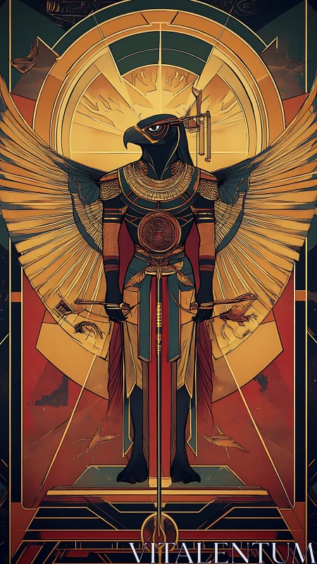 Stylized Egyptian falcon-headed deity with wings extended