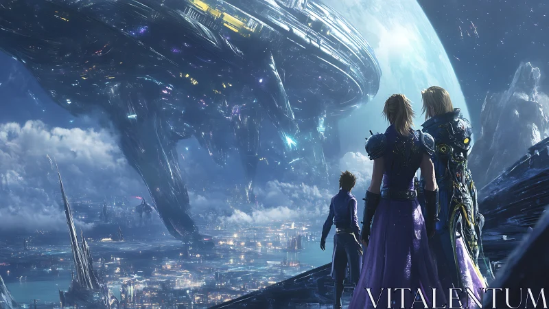 Starlit heroes behold colossal orbiting citadel over city.