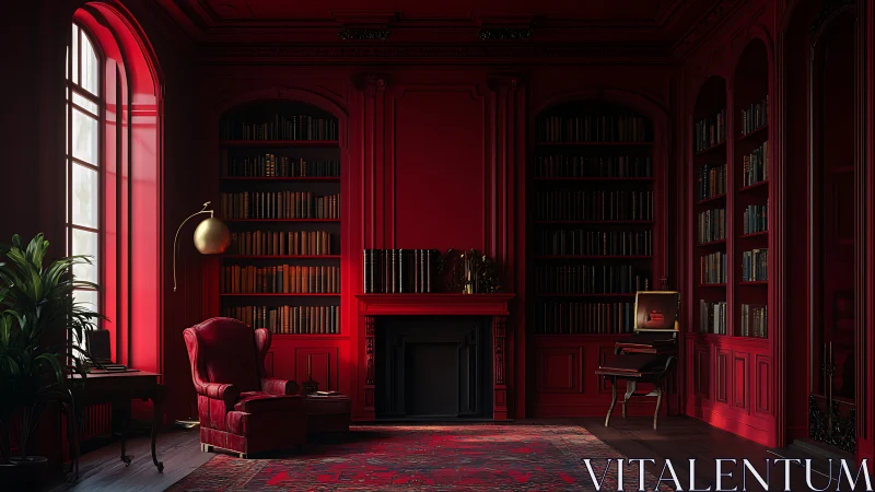 Velvet red reading room wrapped in books and quiet light.
