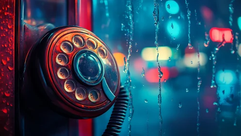Neon-soaked rotary payphone in cinematic night close-up framing.