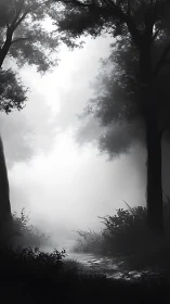 Misty Forest Stream Path Through Dense Woodland Fog