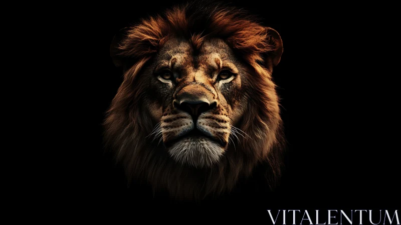 Male lion portrait on black background in side lighting.