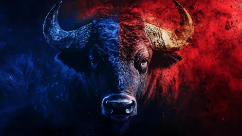Bison portrait split by blue and red smoke background.