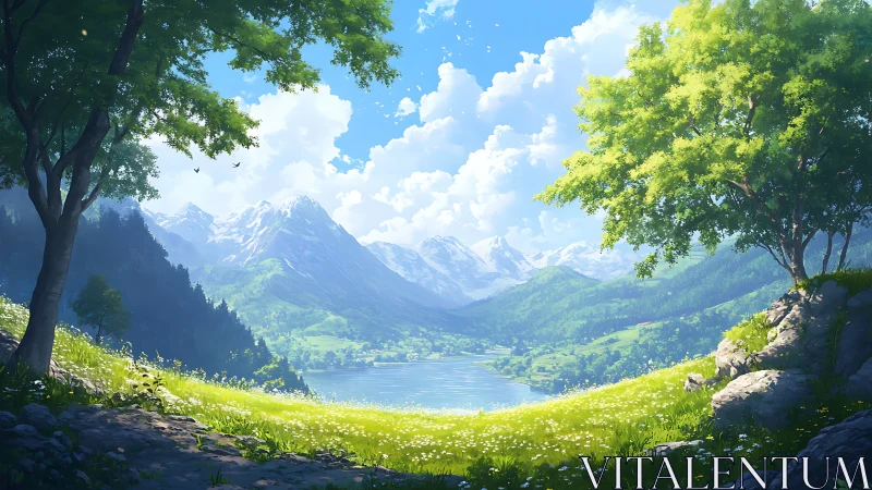 Digital painting of alpine lake framed by luminous meadow trees.