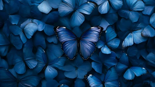 Central blue butterfly contrasts layered monochrome wings.