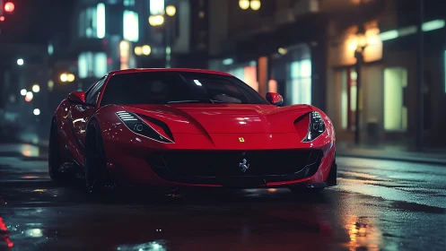 Scarlet supercar prowls neon-wet city streets at midnight.