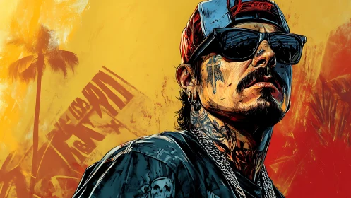 Tattooed street figure stares upward under vivid sunset sky