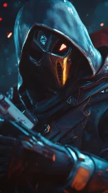 Cybernetic hooded assassin with glowing visor gaze.