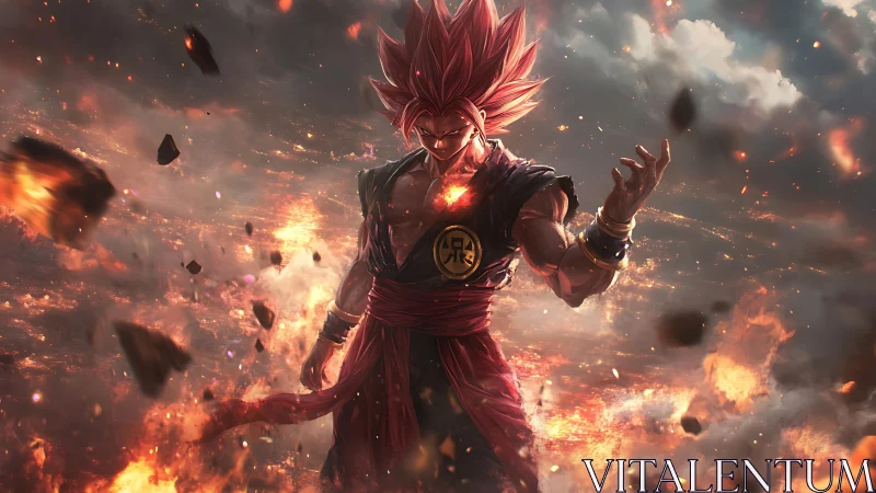 Fiery warrior channels cosmic power in explosive battleground.