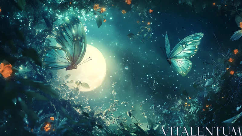 Moonlit butterflies drift gently through a glowing forest dream
