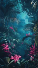 Neon jungle hollow where magenta blooms guard moonlit mist.