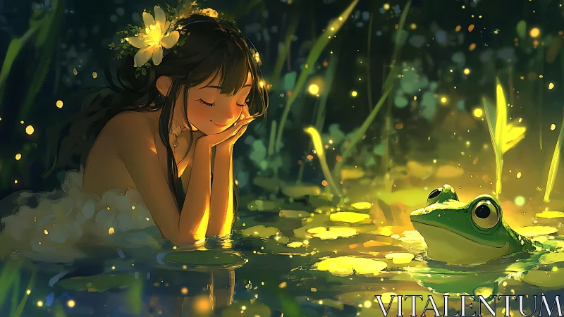 Girl and frog in illuminated pond with floating foliage.