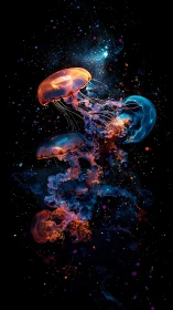 Starlit jellyfish drift through neon cosmic ink clouds.