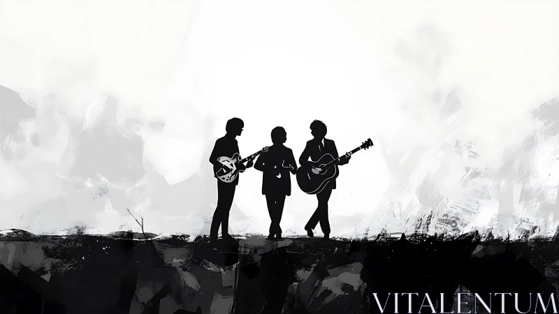 Silhouetted rock trio plays guitars against abstract horizon