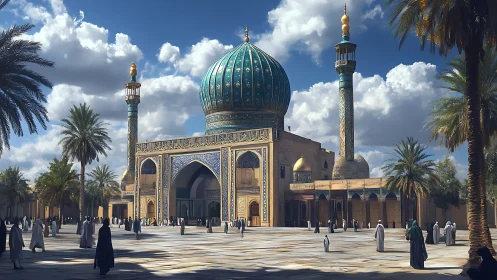 Sunlit Islamic mosque courtyard glows under dramatic skies