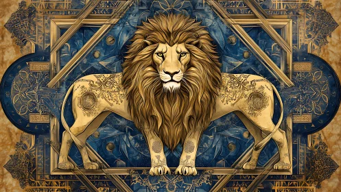 Symmetrical heraldic lion rendered in ornate geometric mandala