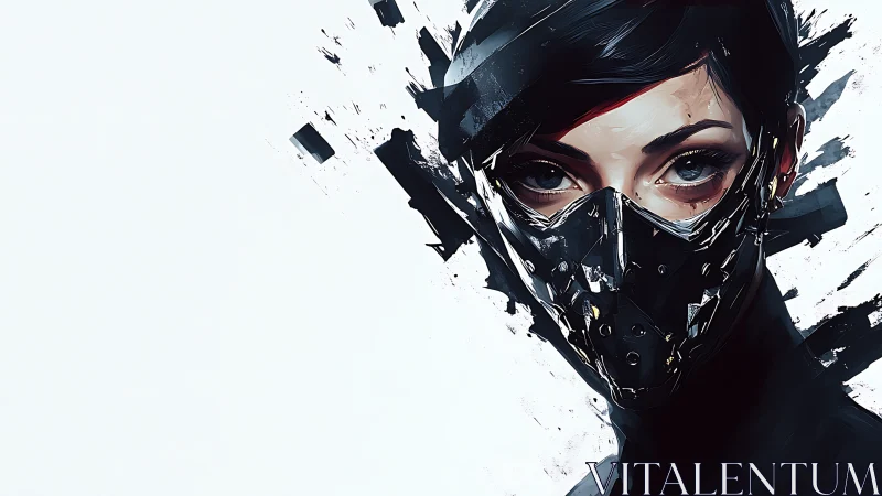 Maskborne sentinel in shattered strokes of monochrome steel.