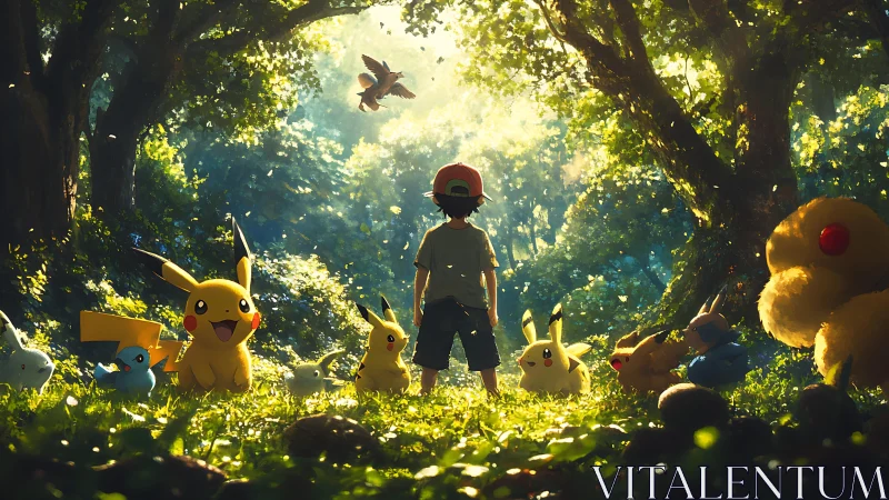 Sunlit forest trainer stands among bright electric creatures.