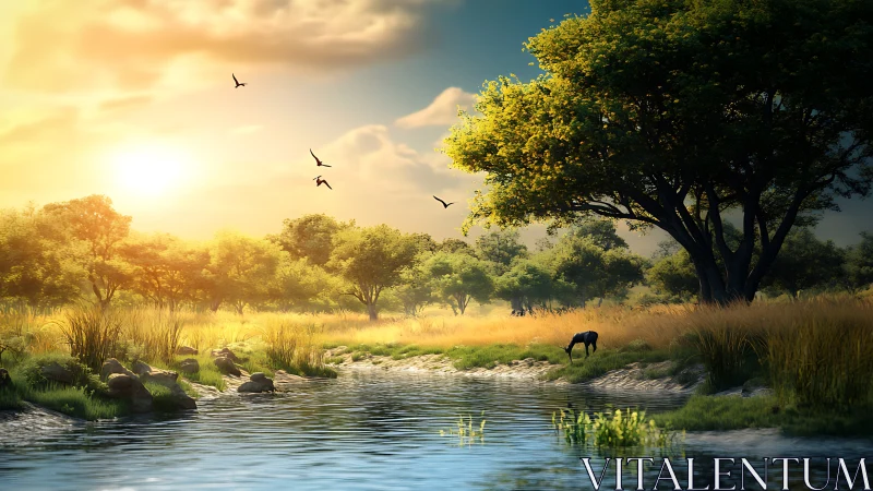 Sunlit riverbank meadow under glowing golden horizon light.