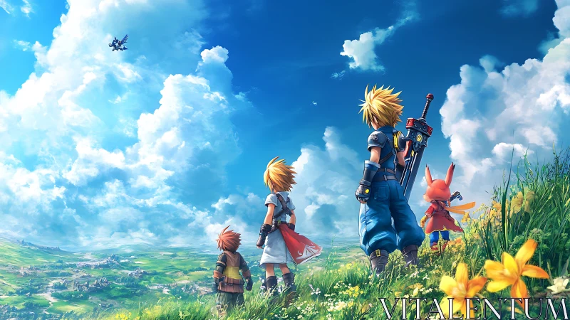 Anime adventurers survey vast fantasy valley under towering clouds