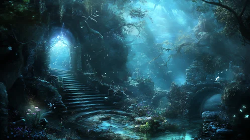 Mystical forest gateway glows softly above a hidden stream