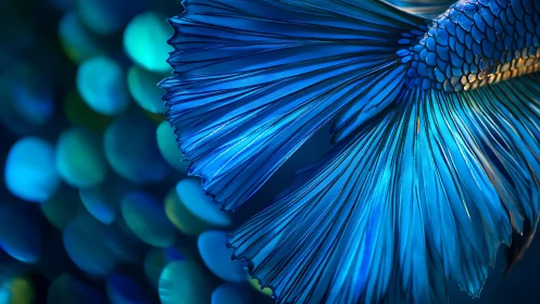 Blue betta fish tail shimmers in glowing underwater bokeh.
