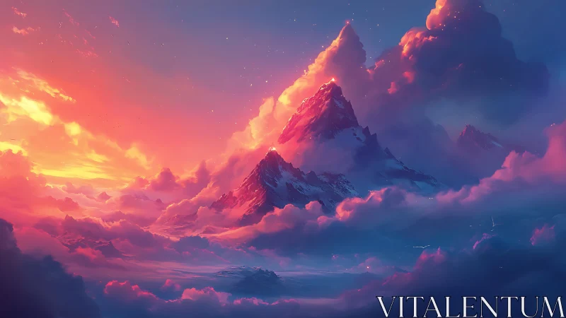 Sunset-ignited alpine peaks emerge through chromatic cloud strata