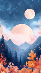 Dual-moon alpine landscape renders atmospheric depth and glow