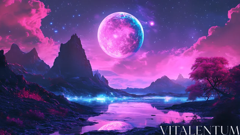 Neon alien moonrise over crystalline reflective lake. Period.