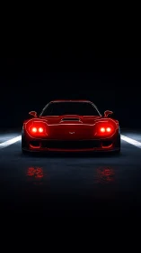 Low-key frontal view of red sports coupe with quad headlamps