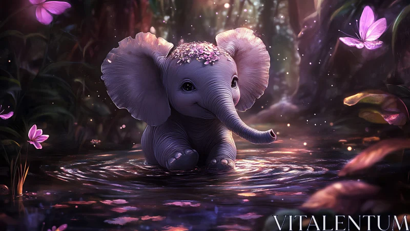 Baby elephant splashes in spellbound forest of pink light.