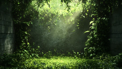 Overgrown stone courtyard with lush green foliage.