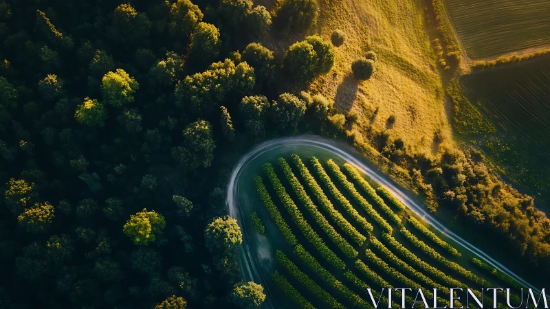 Curved rural road divides dense forest canopy and aligned crop rows