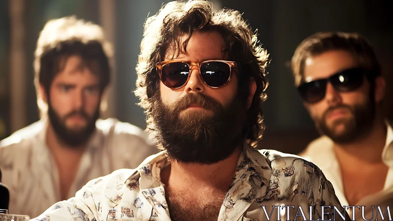 Bearded men in sunglasses sit indoors under warm lighting