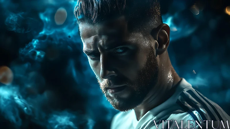 Male athlete portrait in blue smoky low key lighting.