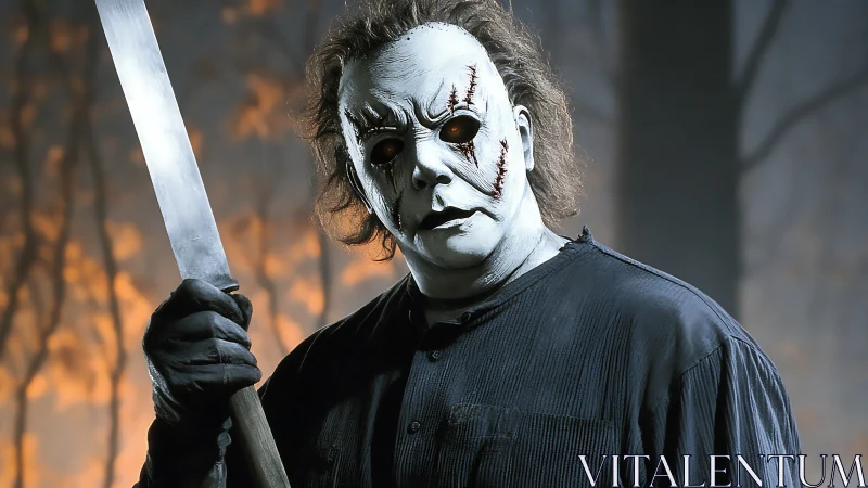 Masked slasher holding blade in eerie forest dusk.