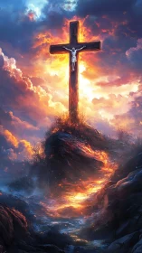 Wooden crucifix on rocky hill amid clouds and fire.