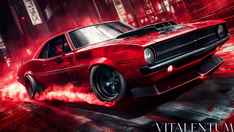 Muscle car drifts through neon-soaked urban street in motion blur