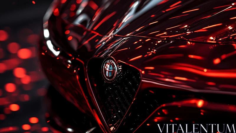 Gleaming red sports car grille pulses under dynamic neon lights