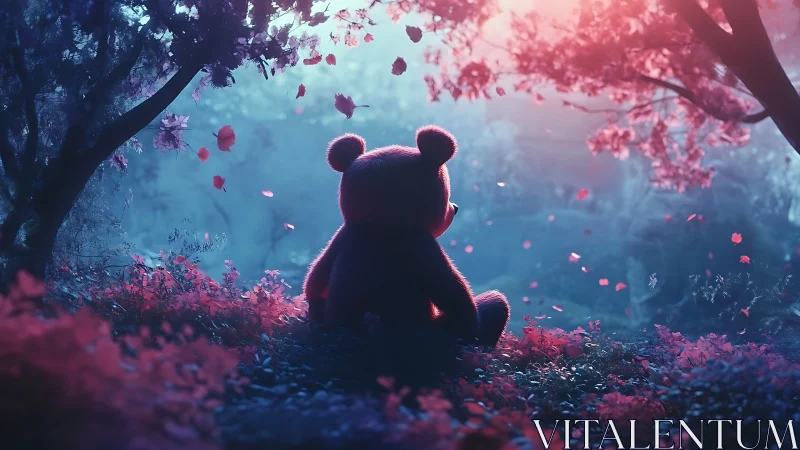 Dreamy teddy bear beneath glowing twilight forest canopy.