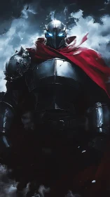 Armored dark knight emerges from storm with blazing resolve